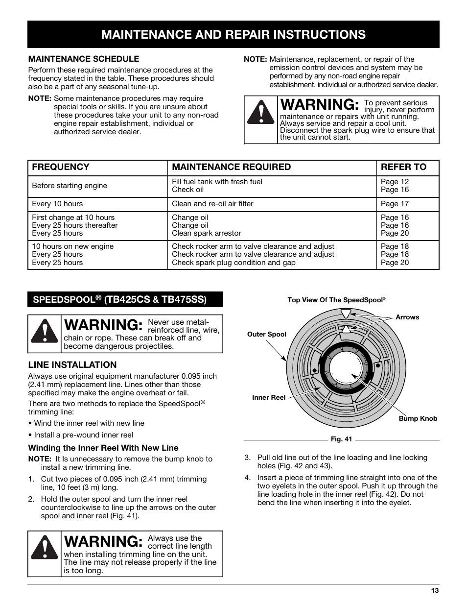 Warning, Maintenance and repair instructions, Tb425cs | Tb475ss | Troy-Bilt TB245CS User Manual | Page 13 / 80