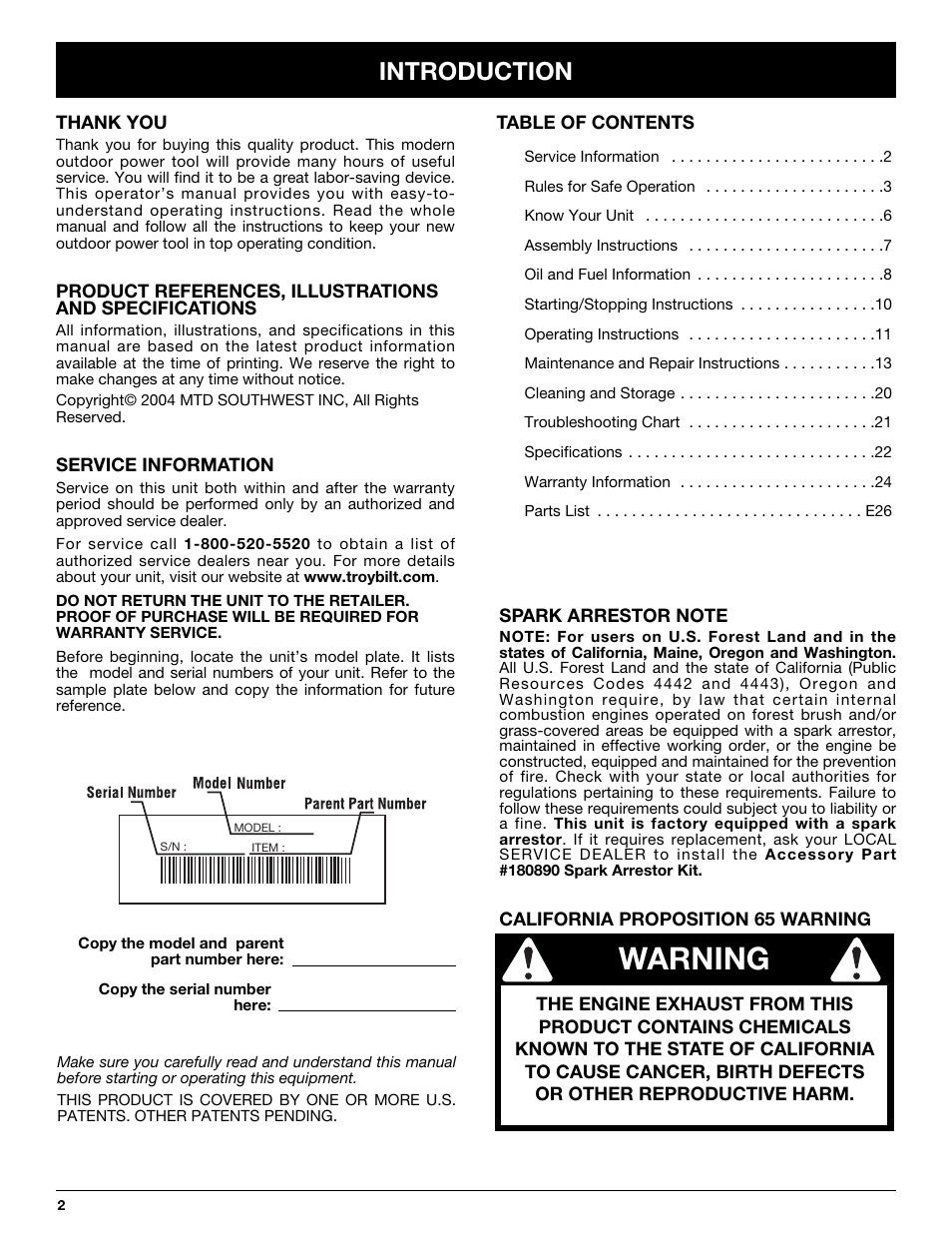 Warning, Introduction | Troy-Bilt TB245CS User Manual | Page 2 / 80