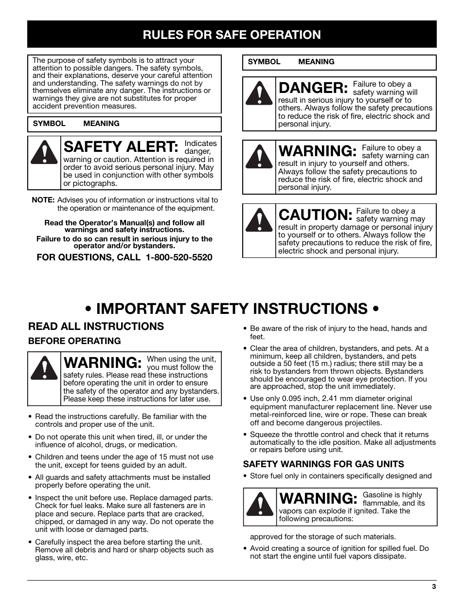 Warning, Danger, Caution | Safety alert, Warning: • important safety instructions, Rules for safe operation, Read all instructions | Troy-Bilt TB245CS User Manual | Page 3 / 80