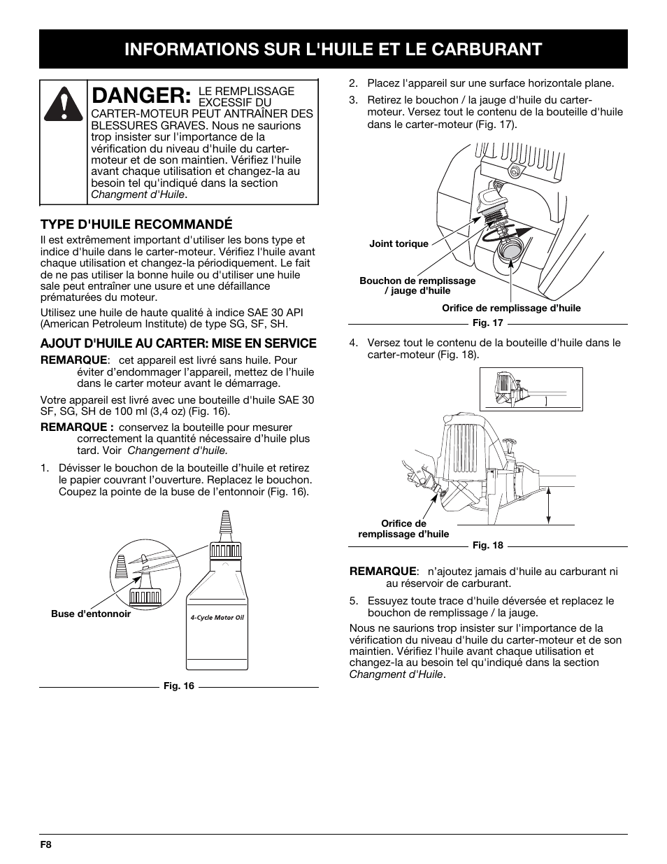 Danger, Informations sur l'huile et le carburant | Troy-Bilt TB245CS User Manual | Page 32 / 80