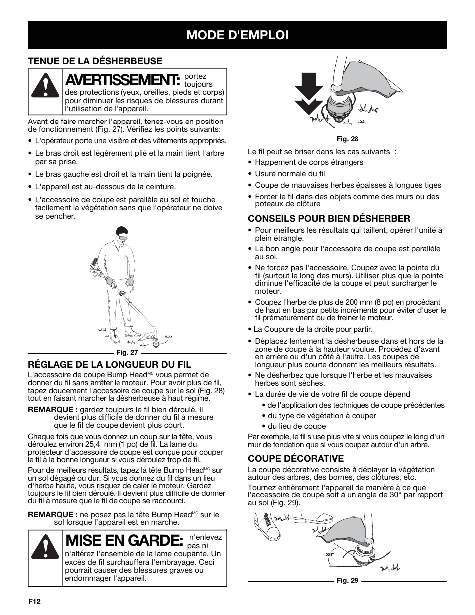 Avertissement, Mise en garde, Mode d'emploi | Troy-Bilt TB245CS User Manual | Page 36 / 80