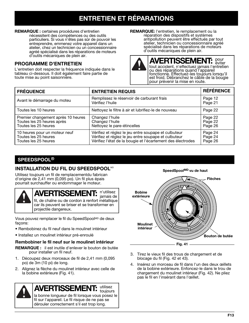 Avertissement, Entretien et réparations | Troy-Bilt TB245CS User Manual | Page 37 / 80