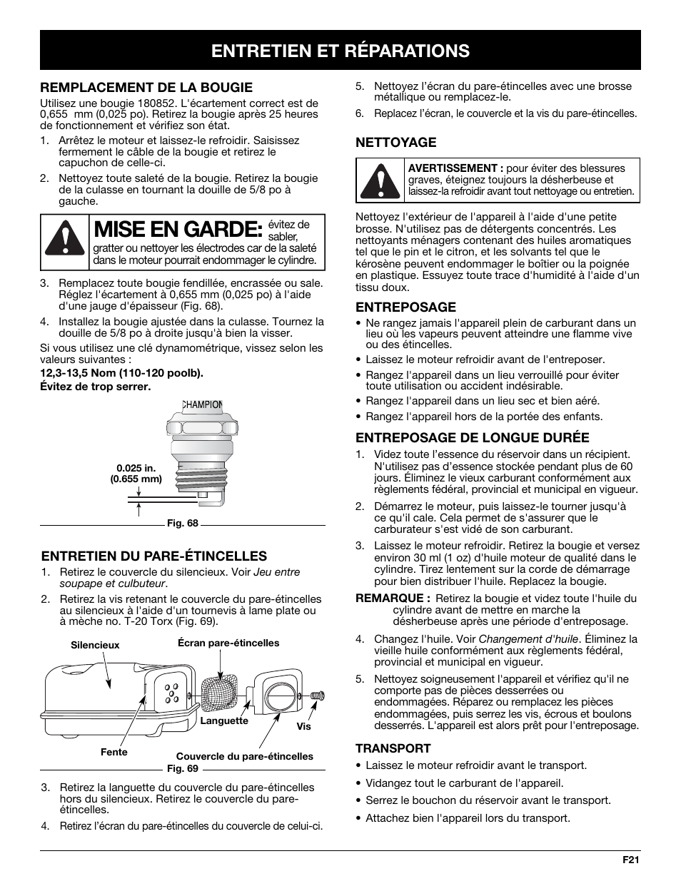 Mise en garde, Entretien et réparations | Troy-Bilt TB245CS User Manual | Page 45 / 80