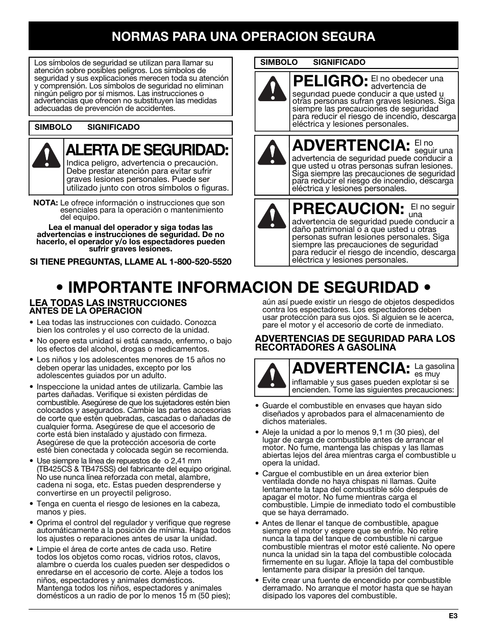 Advertencia, Peligro, Precaucion | Alerta de seguridad, Importante informacion de seguridad, Normas para una operacion segura | Troy-Bilt TB245CS User Manual | Page 53 / 80