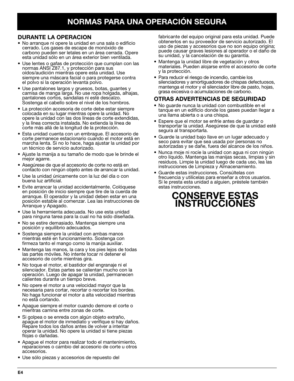 Conserve estas instrucciones, Normas para una operación segura | Troy-Bilt TB245CS User Manual | Page 54 / 80