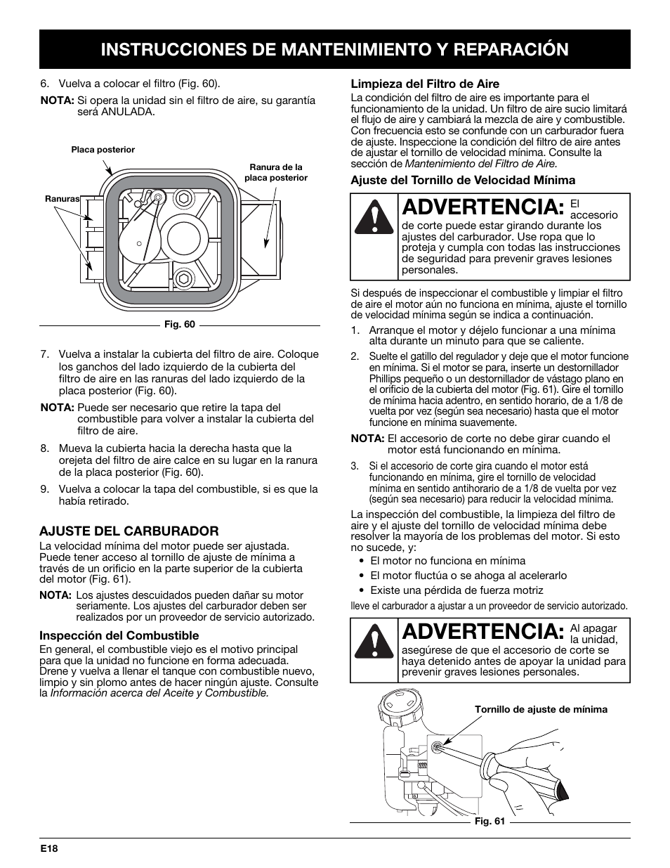 Advertencia, Instrucciones de mantenimiento y reparación | Troy-Bilt TB245CS User Manual | Page 68 / 80