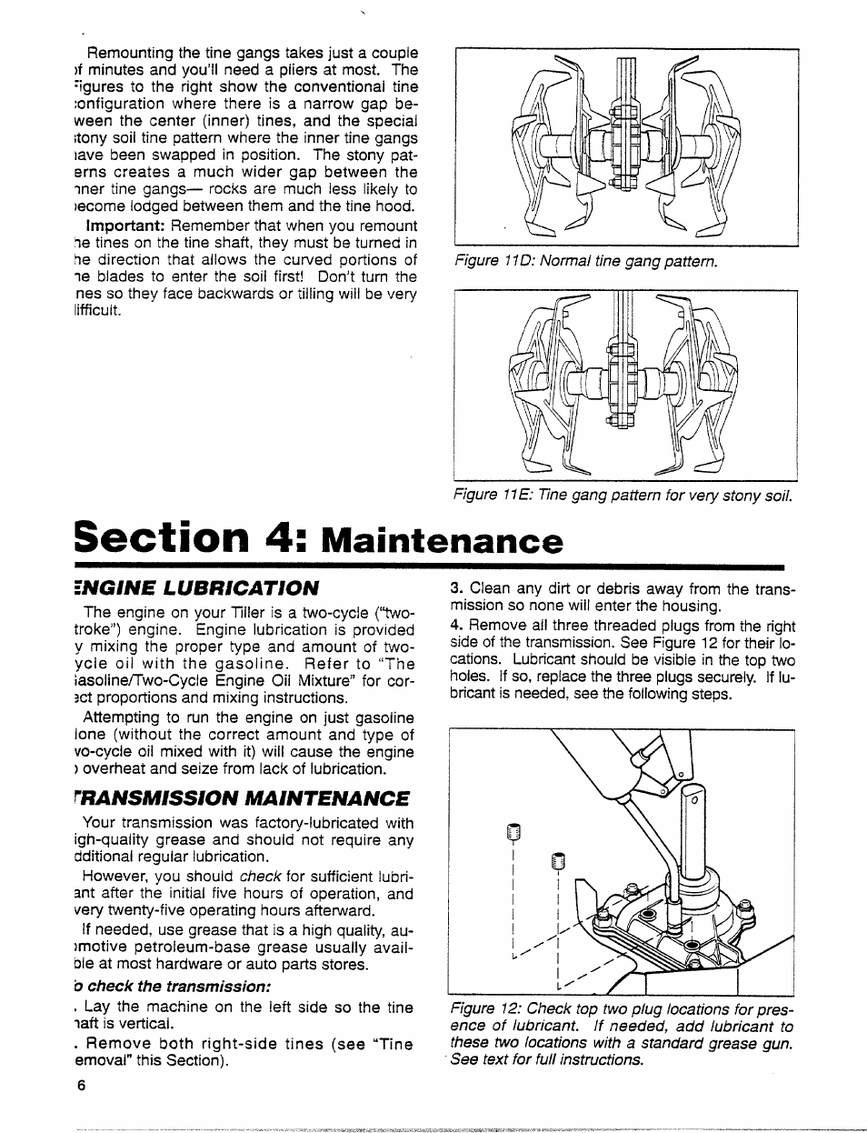 Section 4: maintenance, Ingine lubrication, Rransmission maintenance | Engine lubrication, Maintenance | Troy-Bilt 12001C User Manual | Page 16 / 24