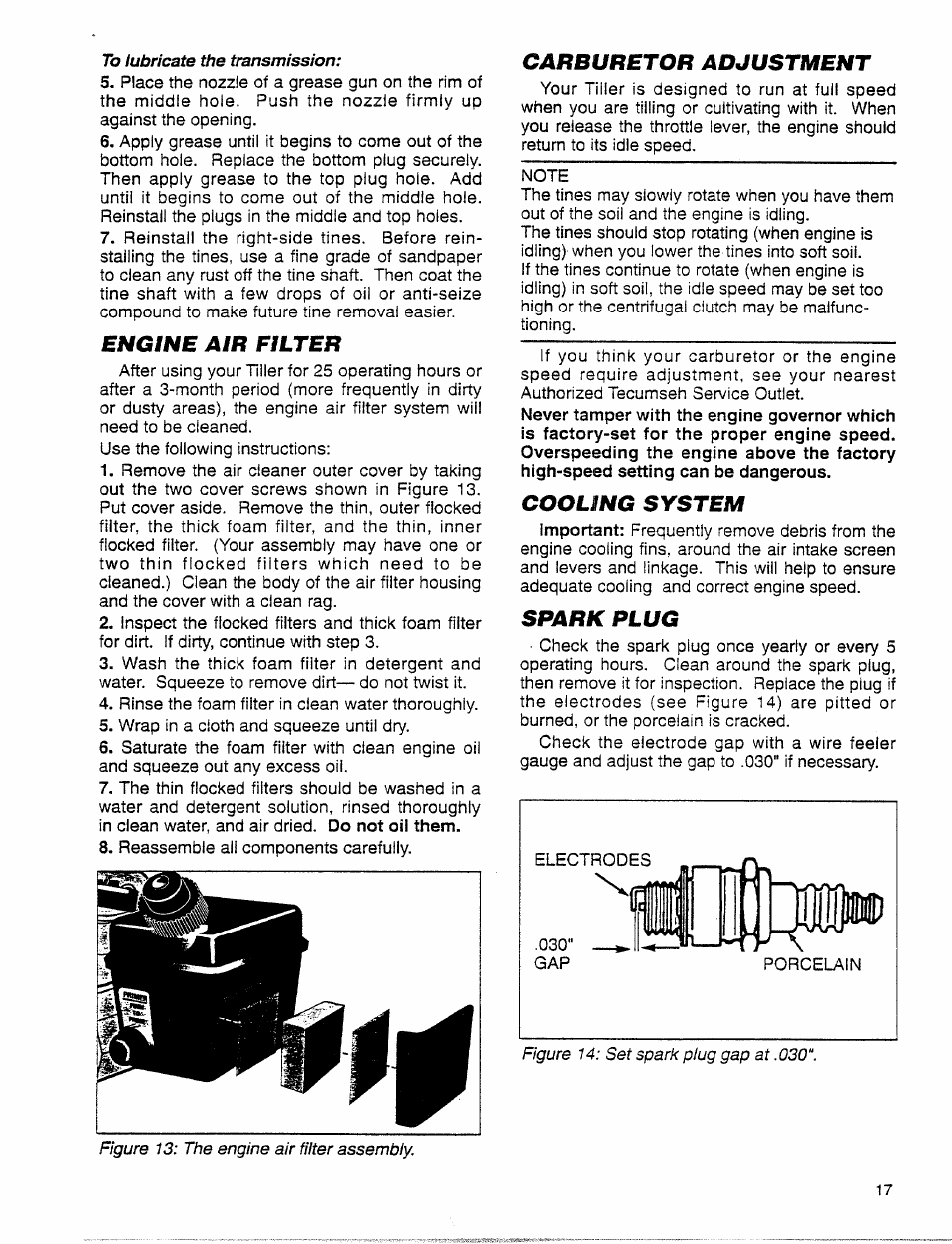 Engine air filter, Carburetor adjustment, Cooling system | Spark plug, Carburetor adjustment cooling system | Troy-Bilt 12001C User Manual | Page 17 / 24