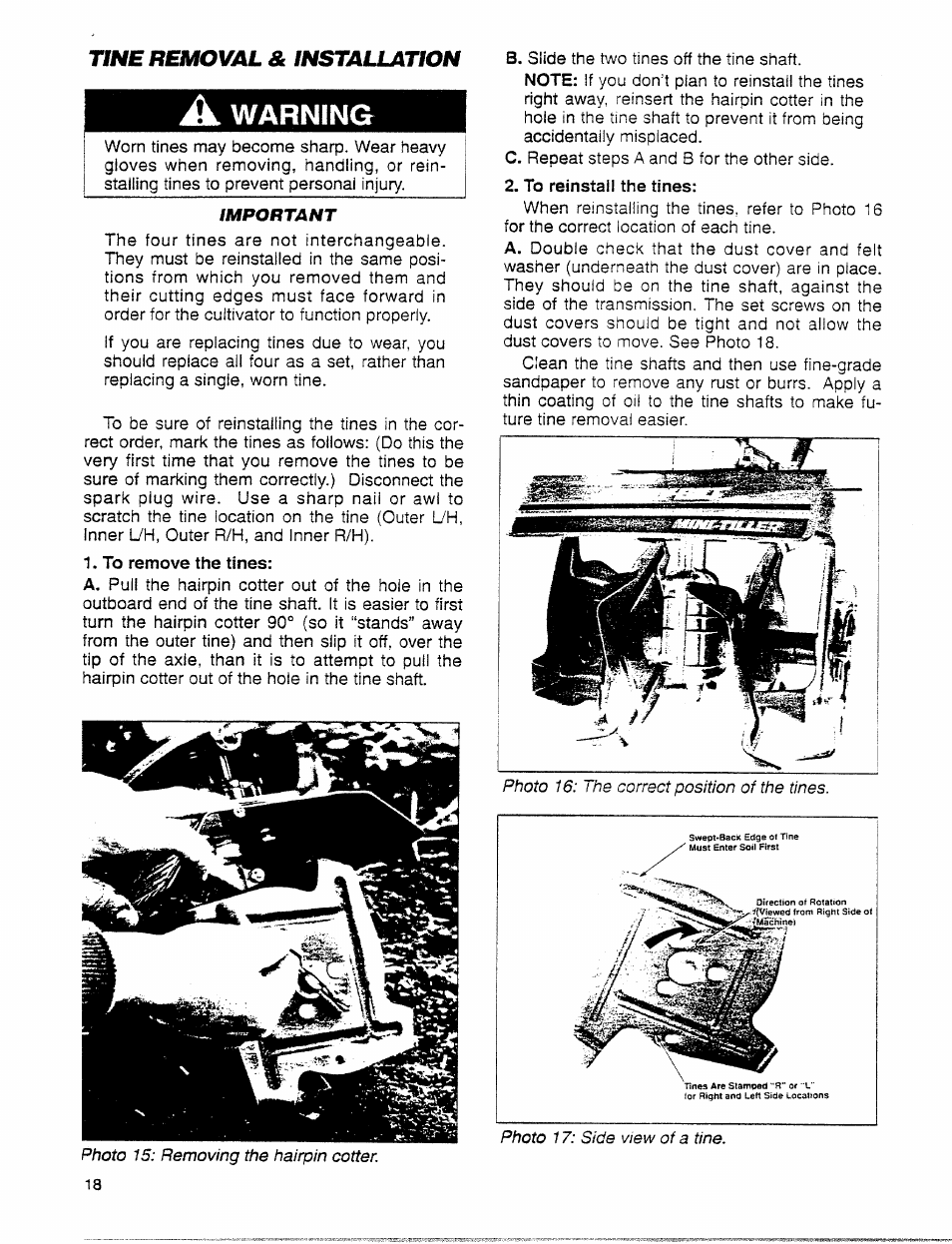 Tine removal & installation, A warning, To remove the tines | To reinstall the tines, Tine removal and installation, Warning | Troy-Bilt 12001C User Manual | Page 18 / 24