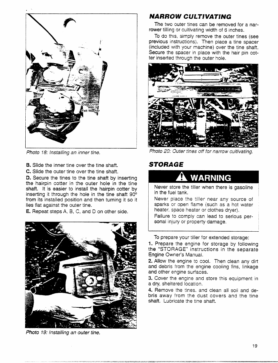 Narrow cultivating, Storage, A warning | Narrow cultivating storage | Troy-Bilt 12001C User Manual | Page 19 / 24