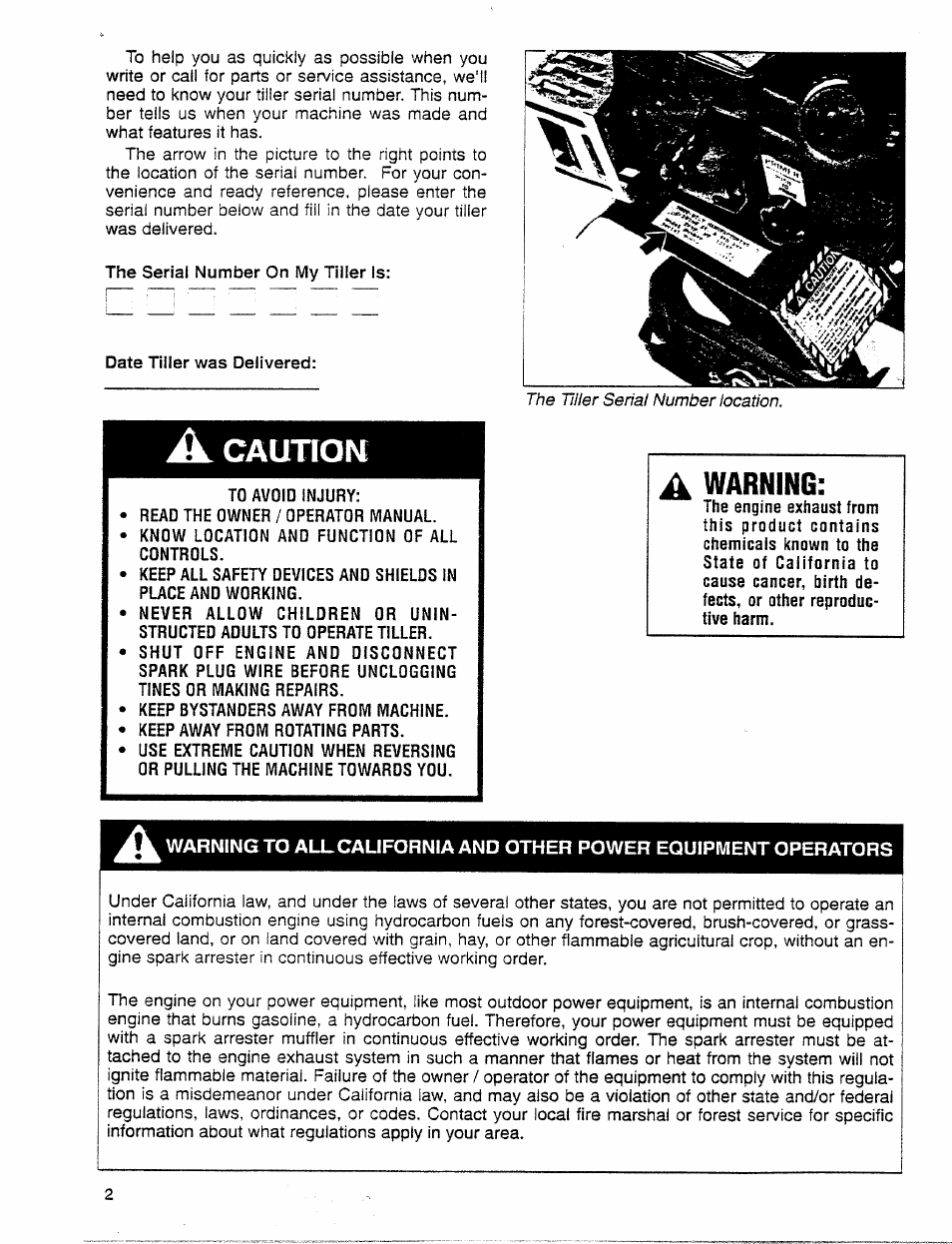 Caution, Warning | Troy-Bilt 12001C User Manual | Page 2 / 24