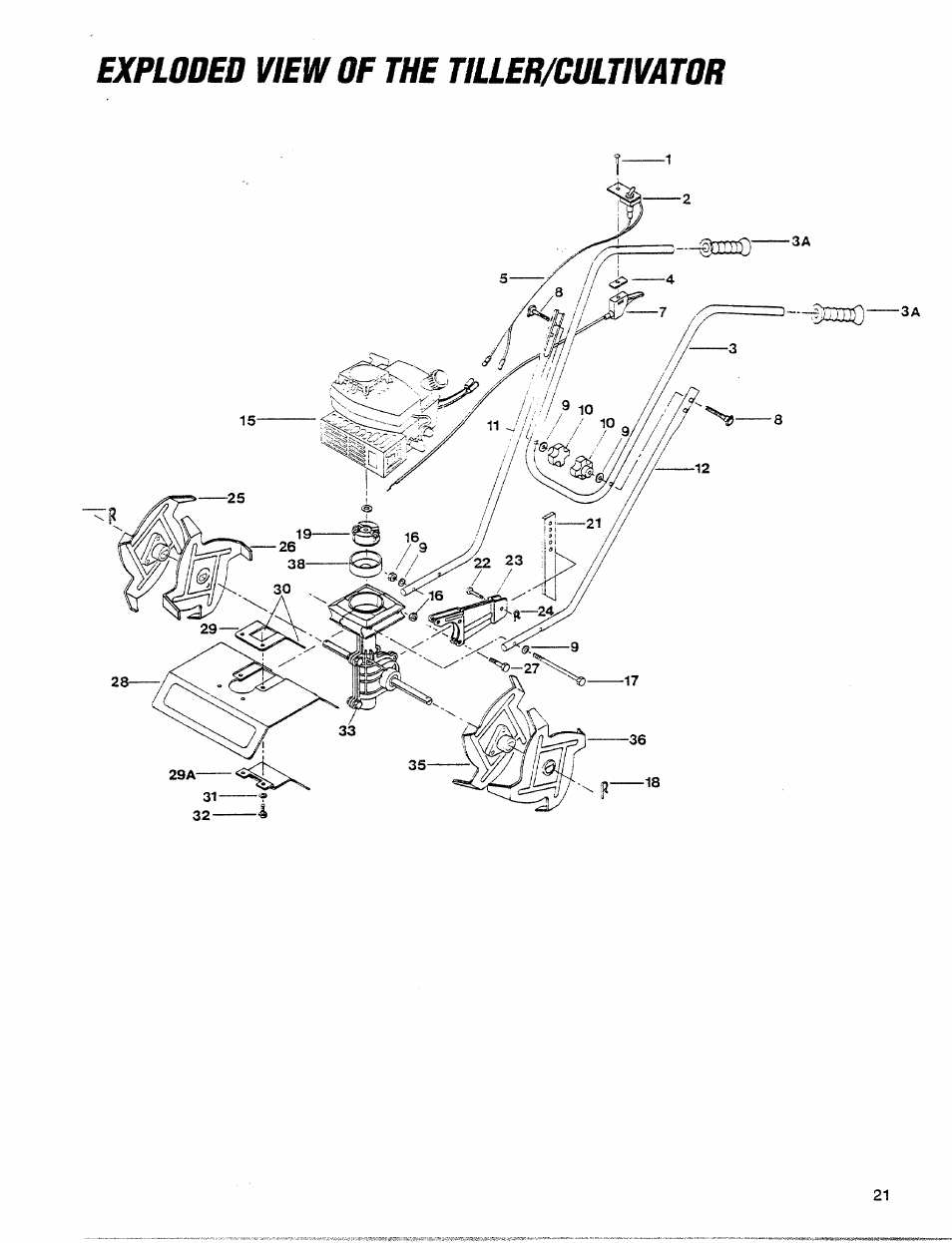 Exploded view of the tiller/cultivator | Troy-Bilt 12001C User Manual | Page 21 / 24