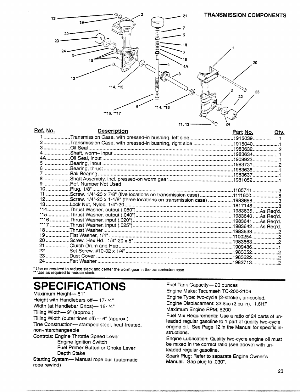 Ref. no. description part no, Specifications | Troy-Bilt 12001C User Manual | Page 23 / 24