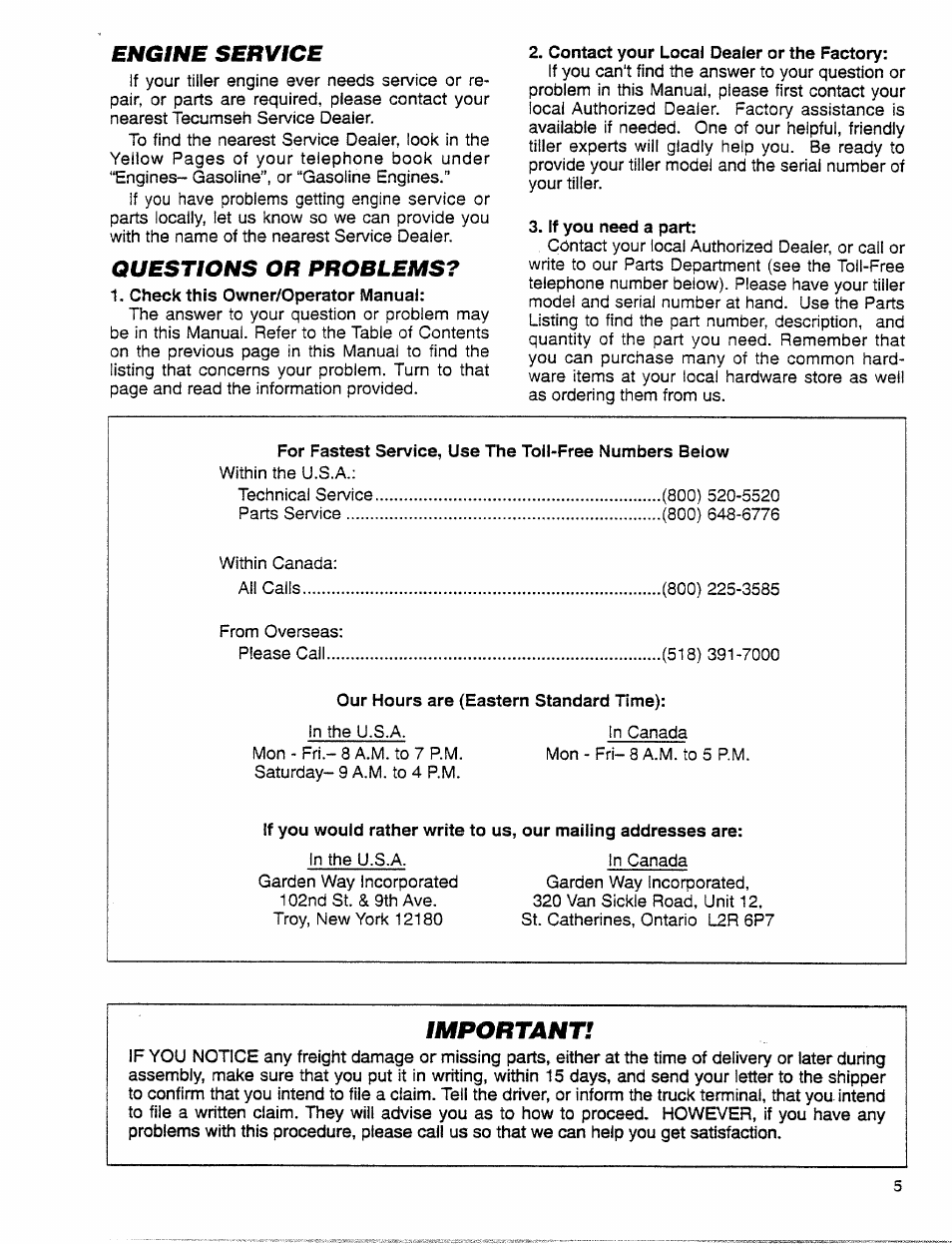 Engine service, Questions or problems, Check this owner/operator manual | Contact your local dealer or the factory, If you need a part, Important | Troy-Bilt 12001C User Manual | Page 5 / 24