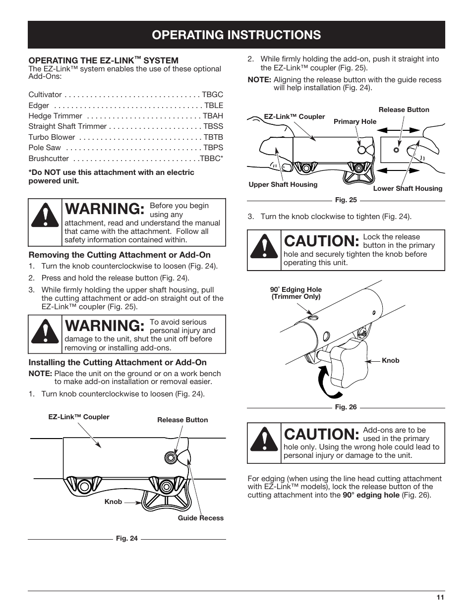 Warning, Caution, Operating instructions | Troy-Bilt TB425CS EU User Manual | Page 11 / 80