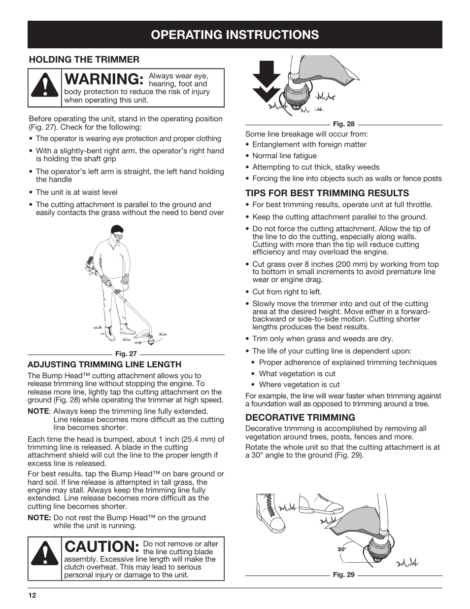 Caution, Warning, Operating instructions | Troy-Bilt TB425CS EU User Manual | Page 12 / 80