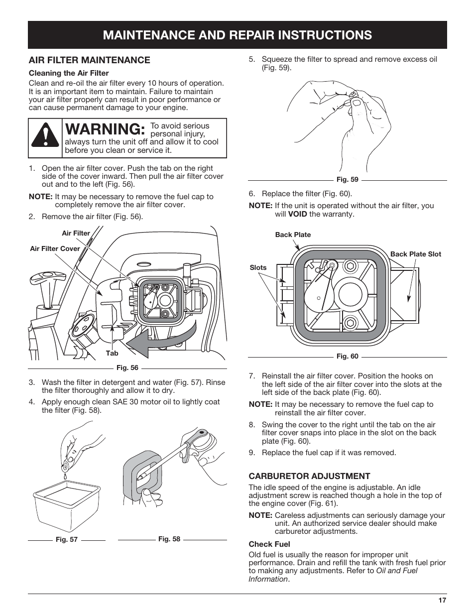 Warning, Maintenance and repair instructions | Troy-Bilt TB425CS EU User Manual | Page 17 / 80
