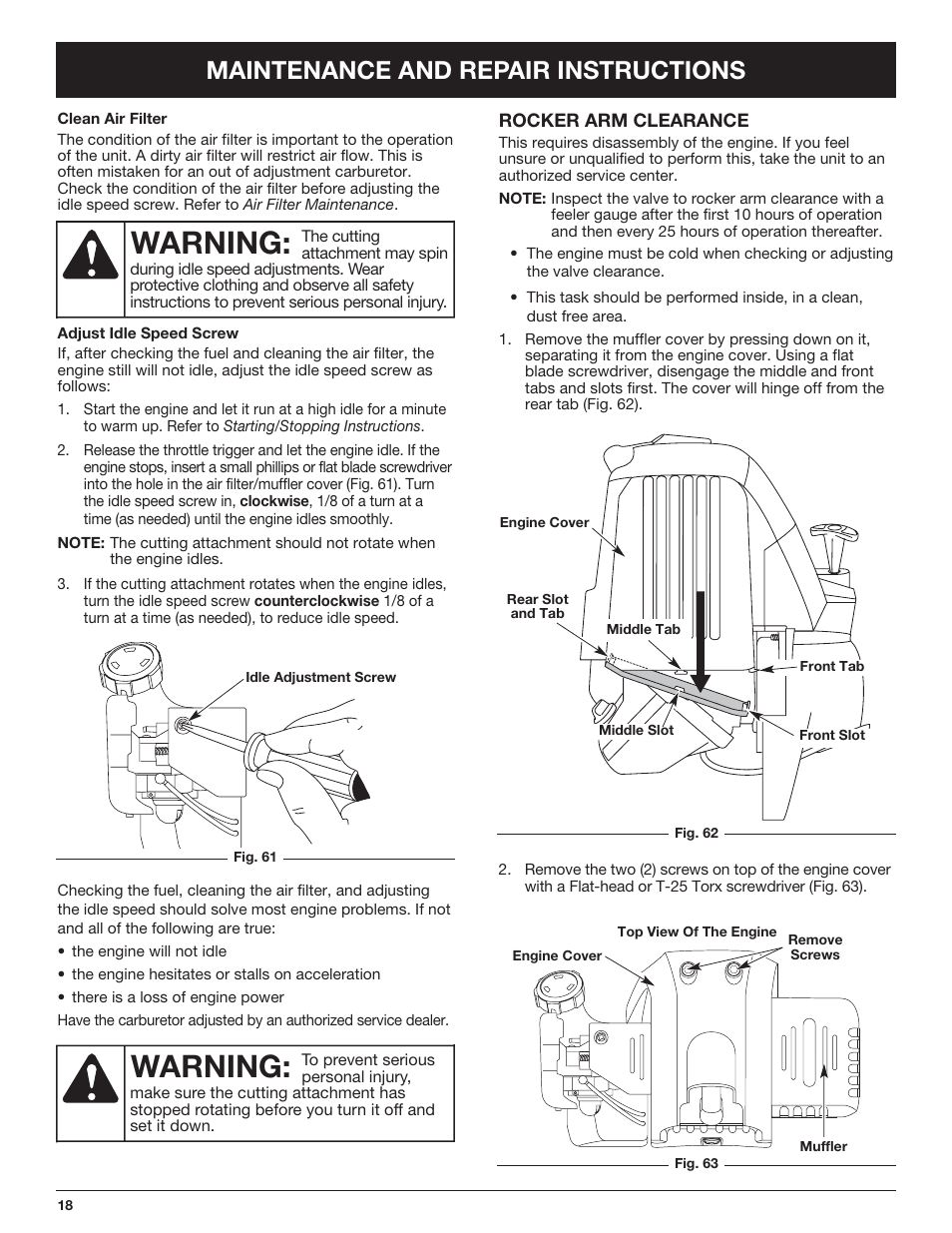 Warning, Maintenance and repair instructions | Troy-Bilt TB425CS EU User Manual | Page 18 / 80