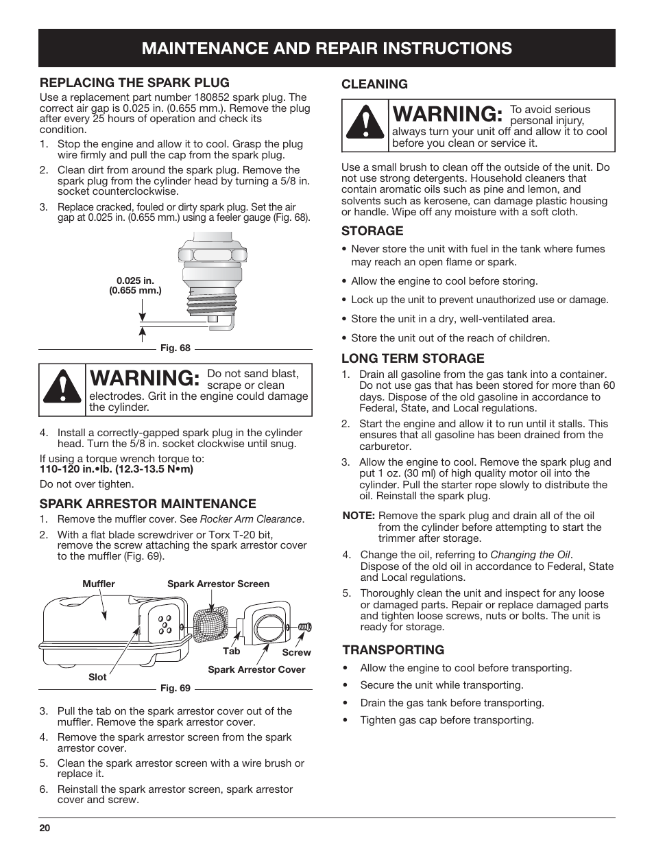 Warning, Maintenance and repair instructions | Troy-Bilt TB425CS EU User Manual | Page 20 / 80