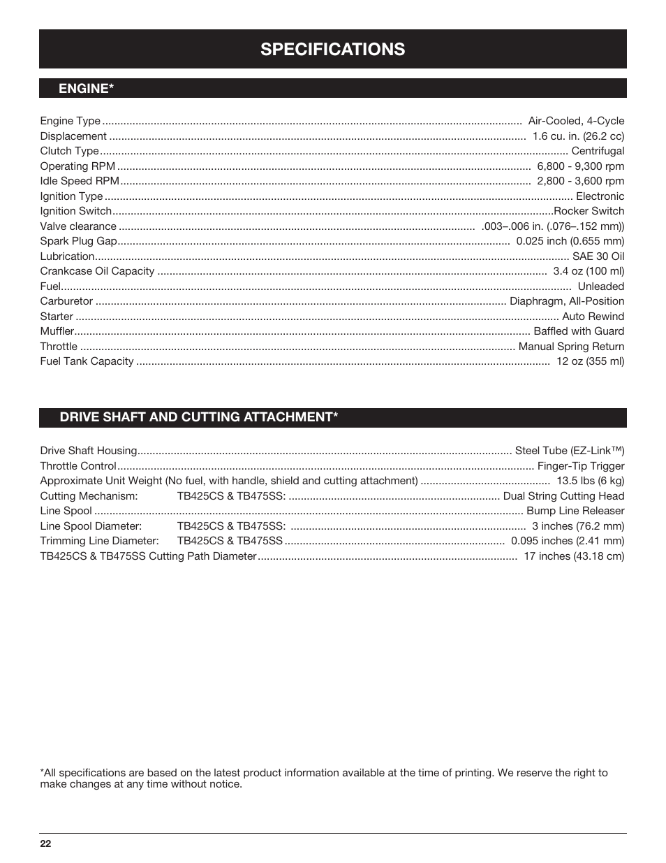 Specifications | Troy-Bilt TB425CS EU User Manual | Page 22 / 80