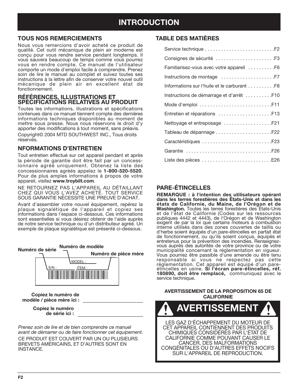 Avertissement, Introduction | Troy-Bilt TB425CS EU User Manual | Page 26 / 80