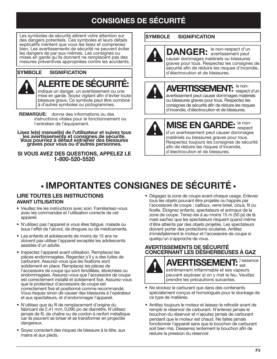 Avertissement, Danger, Mise en garde | Alerte de sécurité, Importantes consignes de sécurité, Consignes de sécurité | Troy-Bilt TB425CS EU User Manual | Page 27 / 80