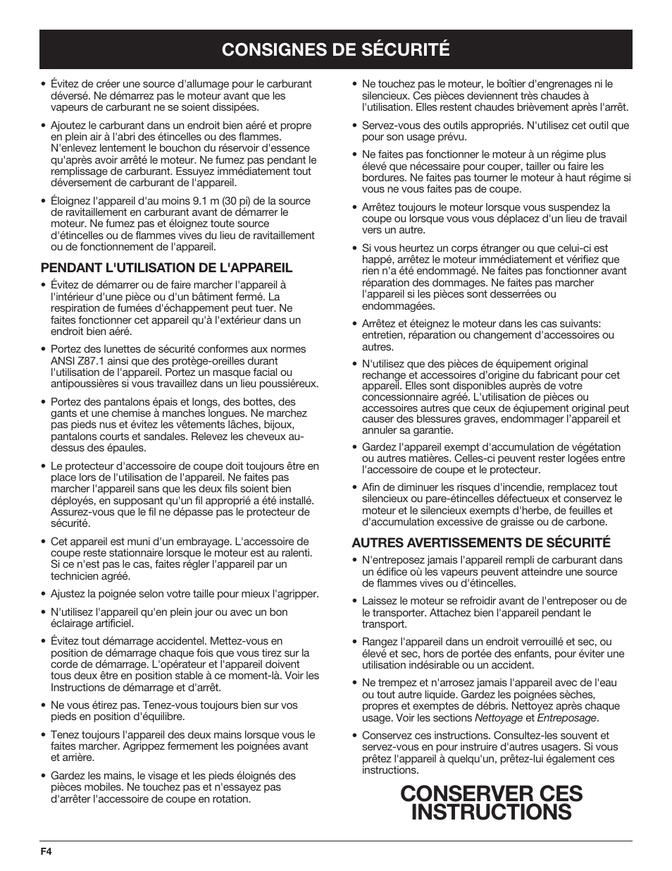 Conserver ces instructions, Consignes de sécurité | Troy-Bilt TB425CS EU User Manual | Page 28 / 80