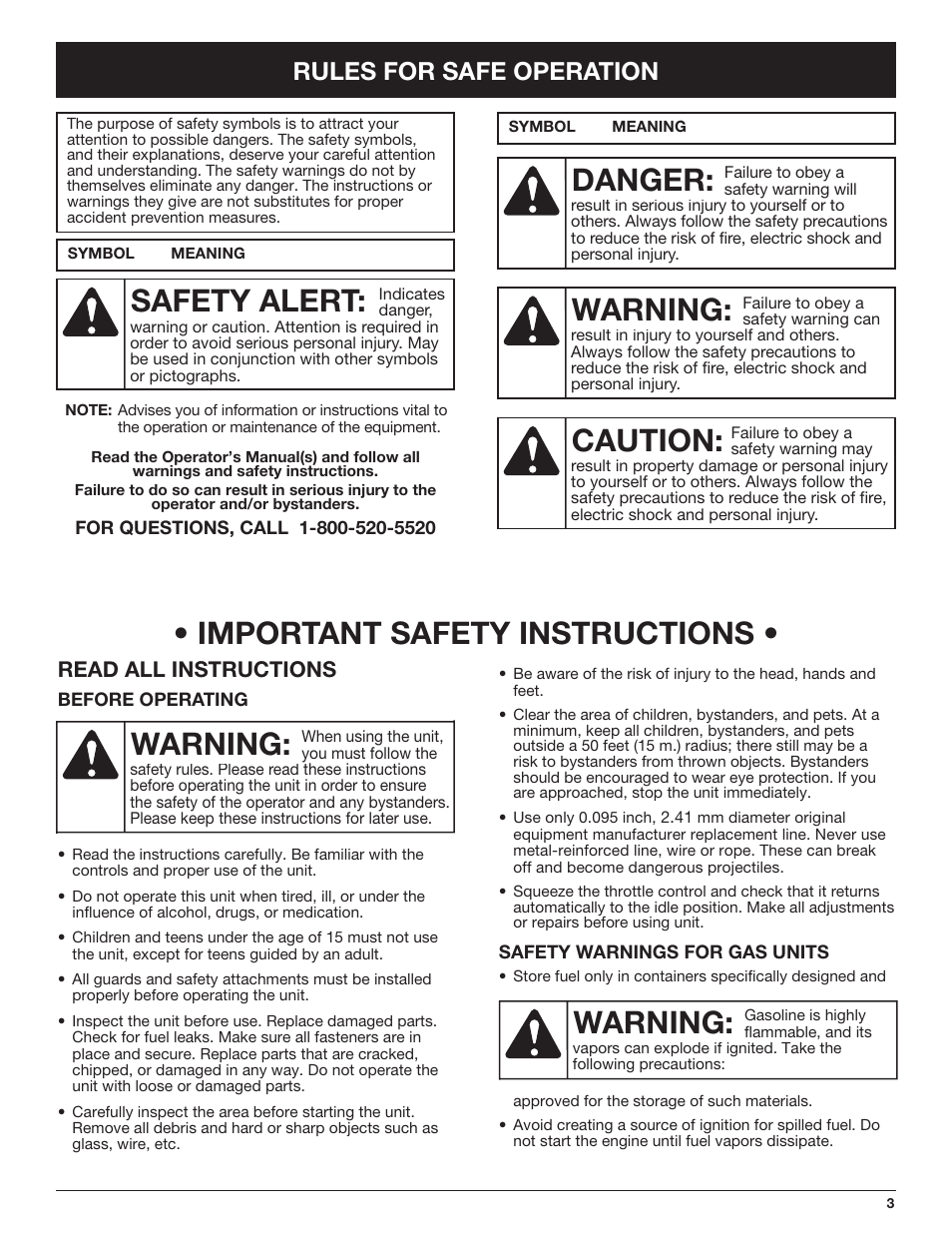 Warning, Danger, Caution | Safety alert, Warning: • important safety instructions, Rules for safe operation, Read all instructions | Troy-Bilt TB425CS EU User Manual | Page 3 / 80