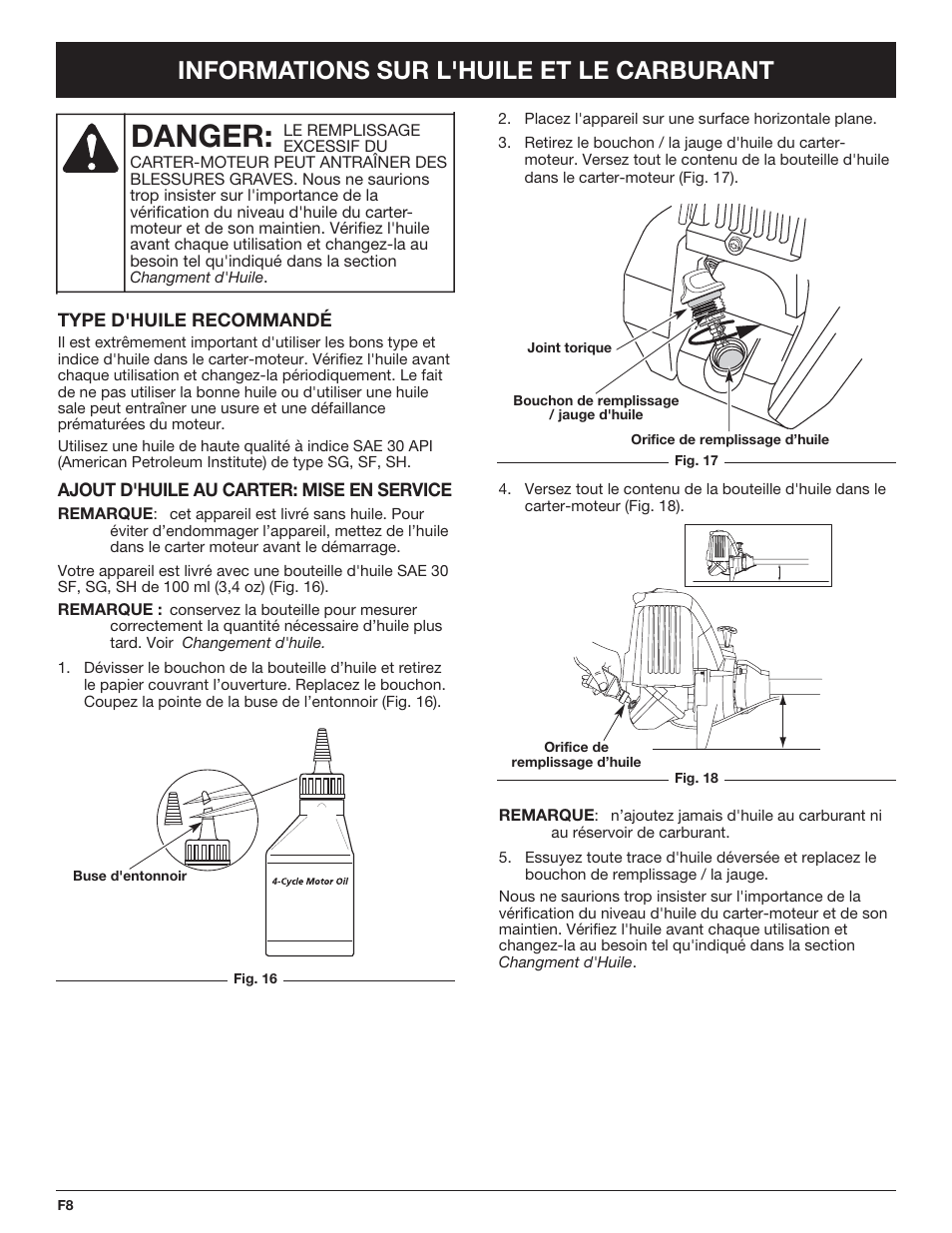 Danger, Informations sur l'huile et le carburant | Troy-Bilt TB425CS EU User Manual | Page 32 / 80