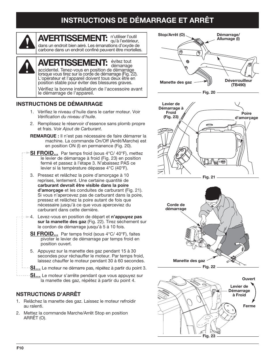 Avertissement, Instructions de démarrage et arrêt | Troy-Bilt TB425CS EU User Manual | Page 34 / 80