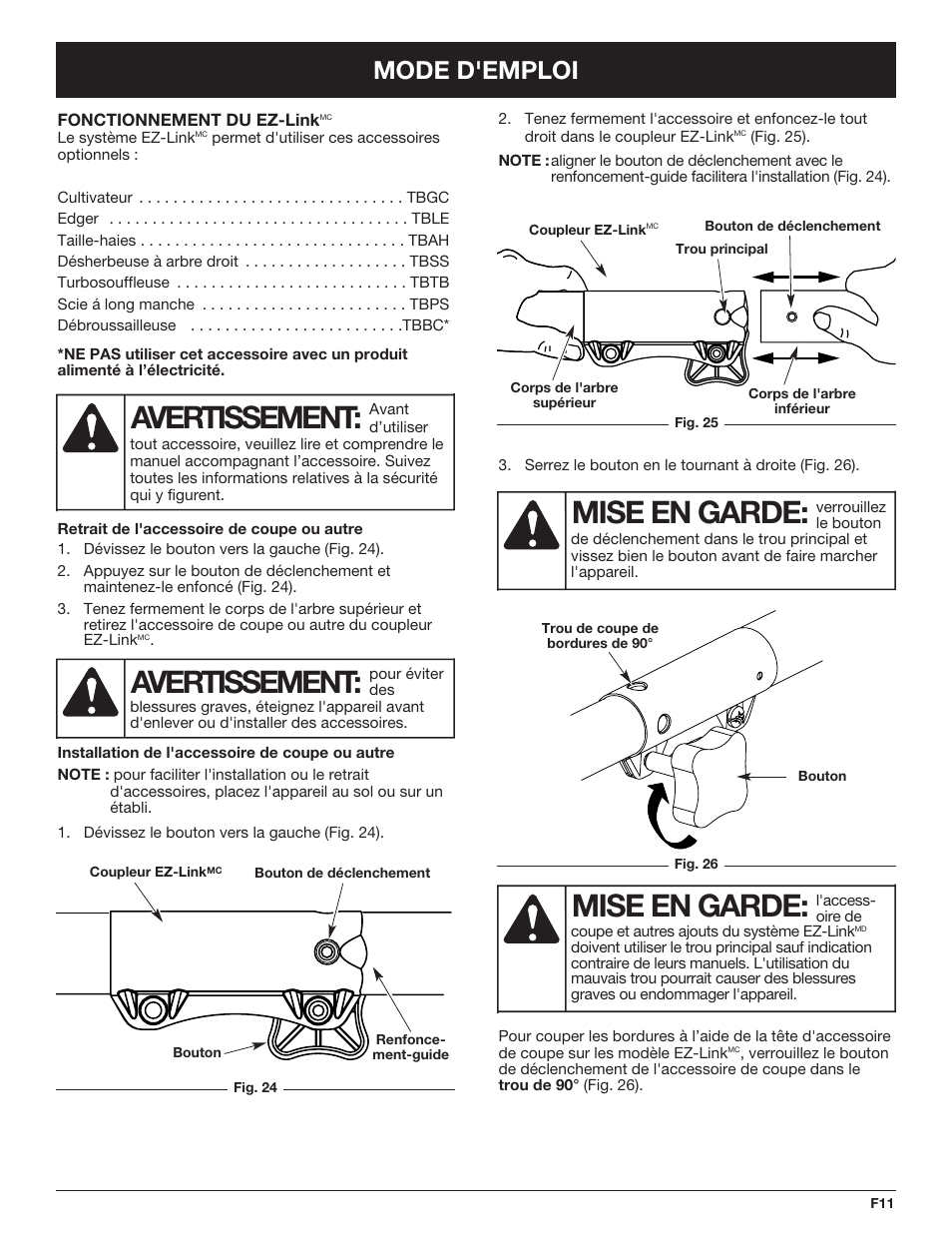 Mise en garde, Avertissement, Mode d'emploi | Troy-Bilt TB425CS EU User Manual | Page 35 / 80