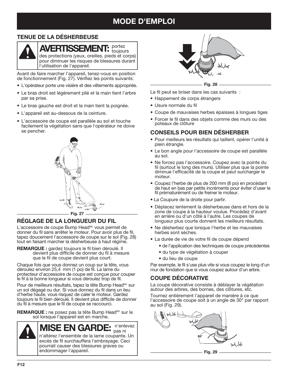 Avertissement, Mise en garde, Mode d'emploi | Troy-Bilt TB425CS EU User Manual | Page 36 / 80