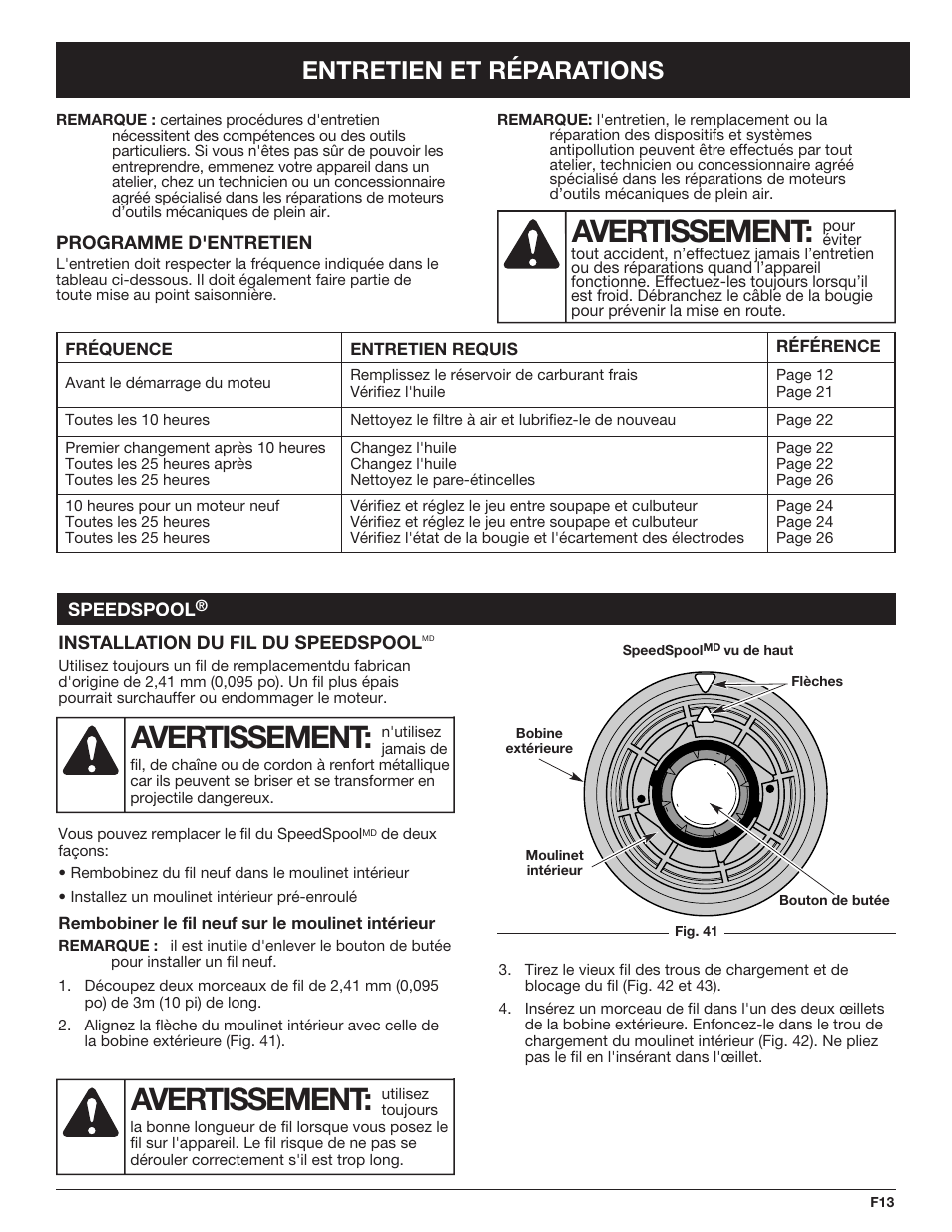 Avertissement, Entretien et réparations | Troy-Bilt TB425CS EU User Manual | Page 37 / 80