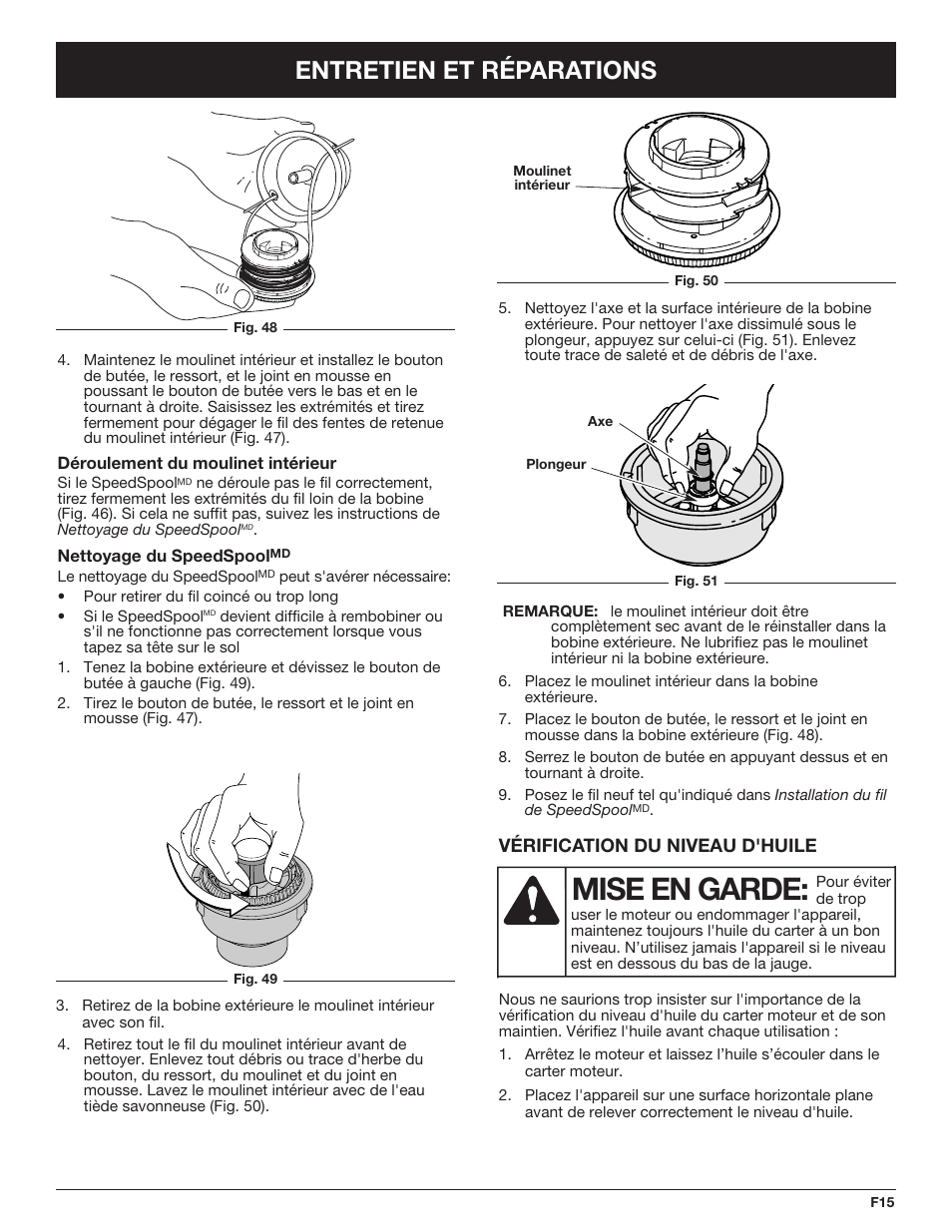 Mise en garde, Entretien et réparations | Troy-Bilt TB425CS EU User Manual | Page 39 / 80