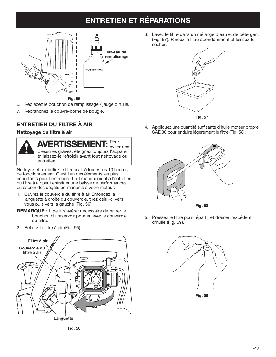 Avertissement, Entretien et réparations | Troy-Bilt TB425CS EU User Manual | Page 41 / 80