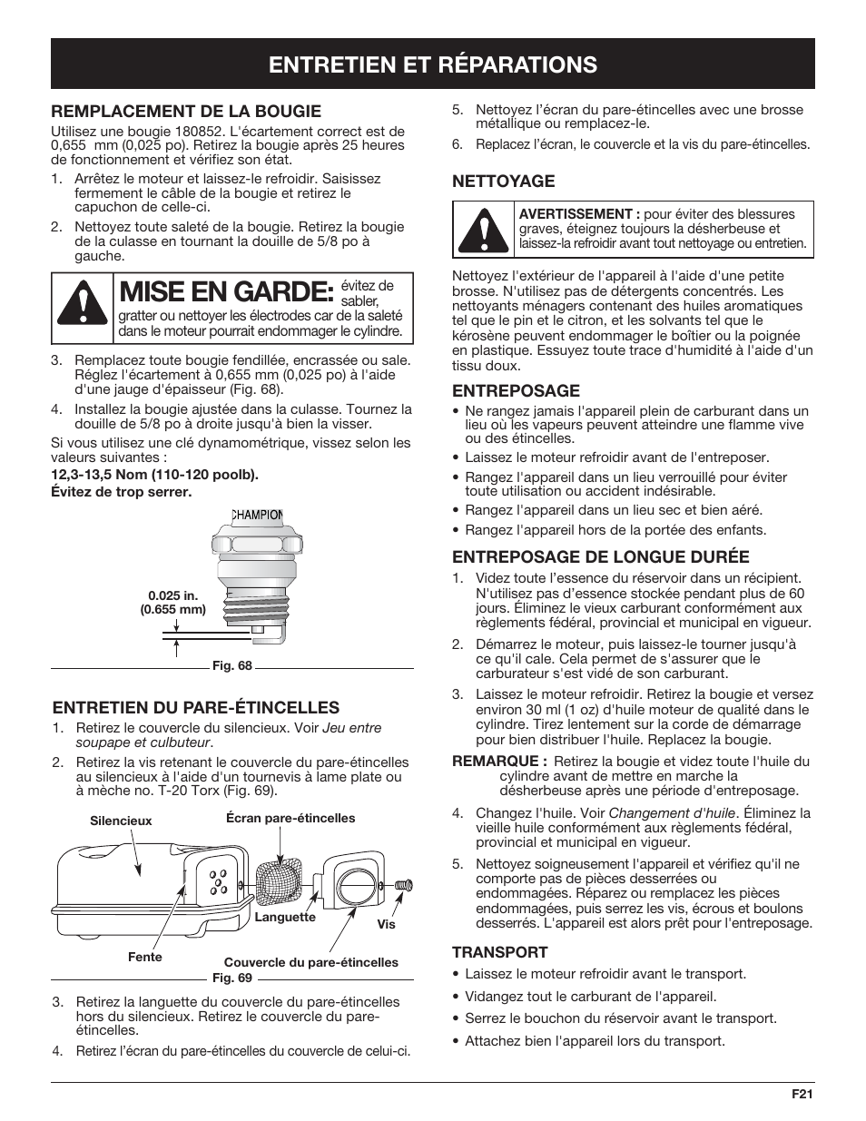 Mise en garde, Entretien et réparations | Troy-Bilt TB425CS EU User Manual | Page 45 / 80