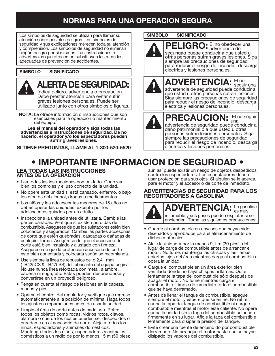 Advertencia, Peligro, Precaucion | Alerta de seguridad, Importante informacion de seguridad, Normas para una operacion segura | Troy-Bilt TB425CS EU User Manual | Page 53 / 80