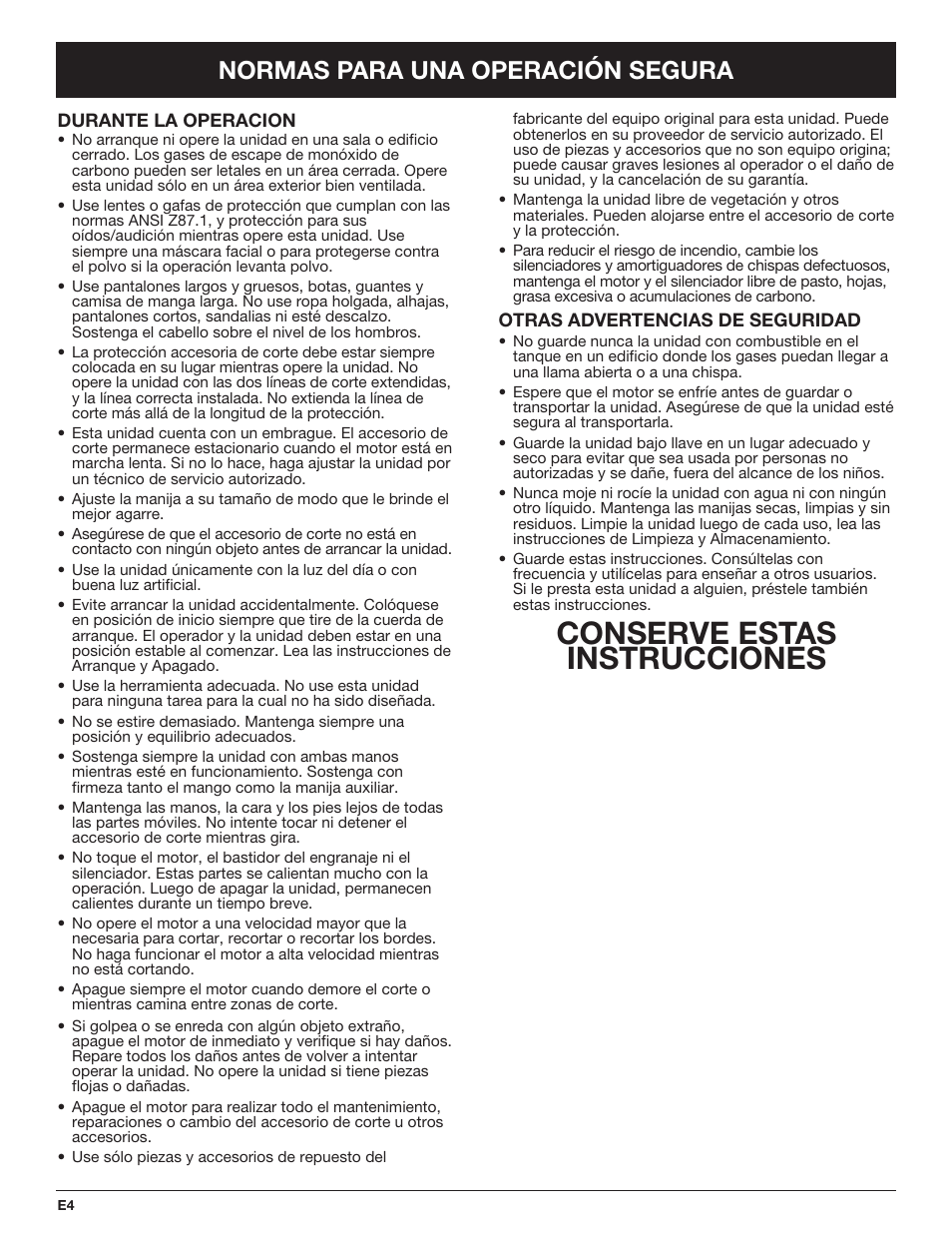 Conserve estas instrucciones, Normas para una operación segura | Troy-Bilt TB425CS EU User Manual | Page 54 / 80