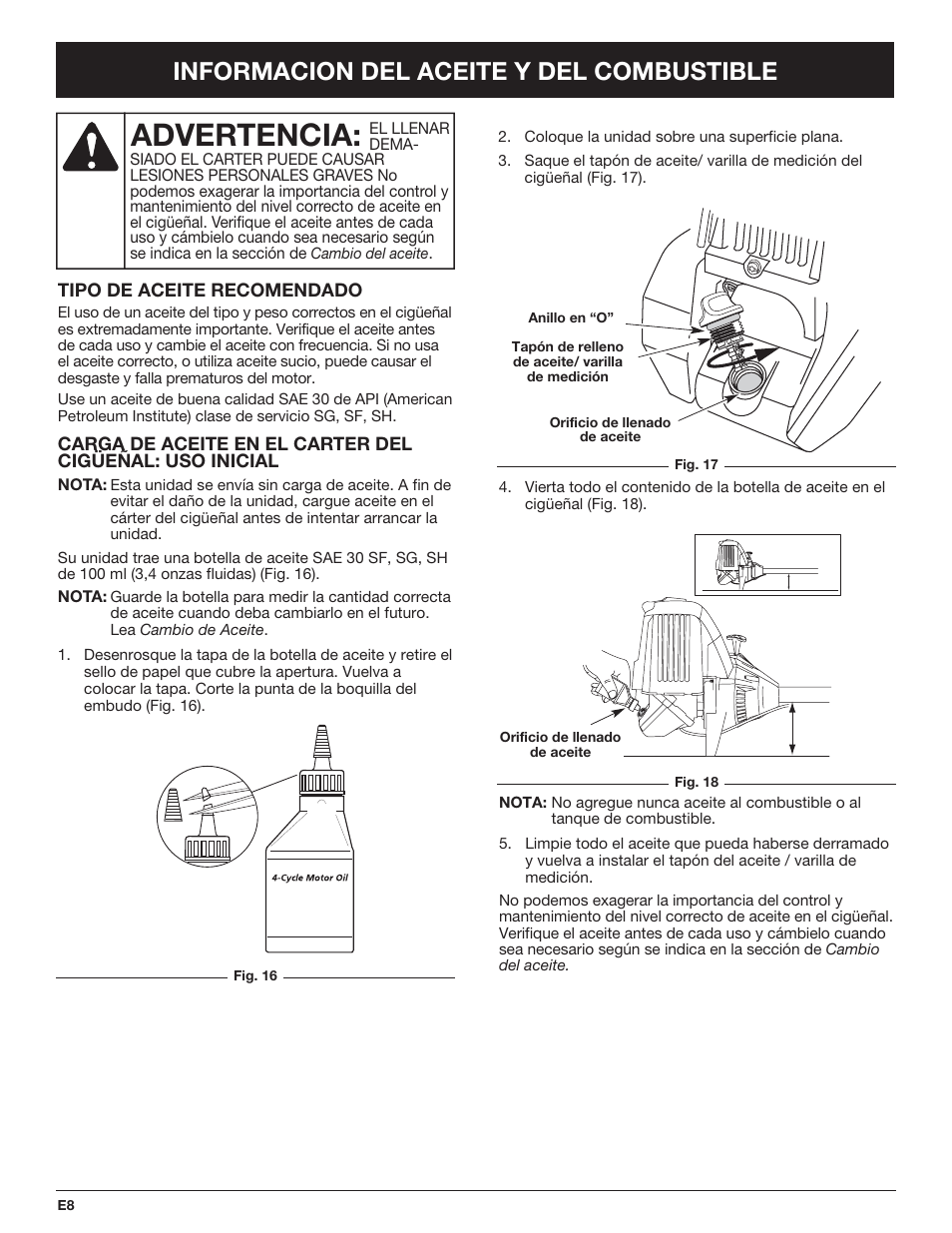Advertencia, Informacion del aceite y del combustible | Troy-Bilt TB425CS EU User Manual | Page 58 / 80