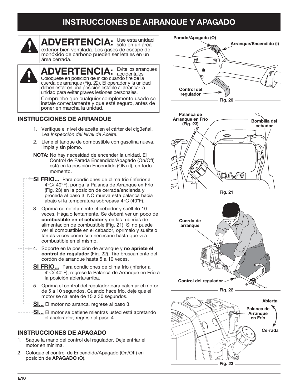 Advertencia, Instrucciones de arranque y apagado | Troy-Bilt TB425CS EU User Manual | Page 60 / 80
