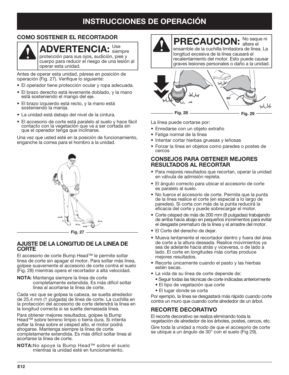 Precaucion, Advertencia, Instrucciones de operación | Troy-Bilt TB425CS EU User Manual | Page 62 / 80