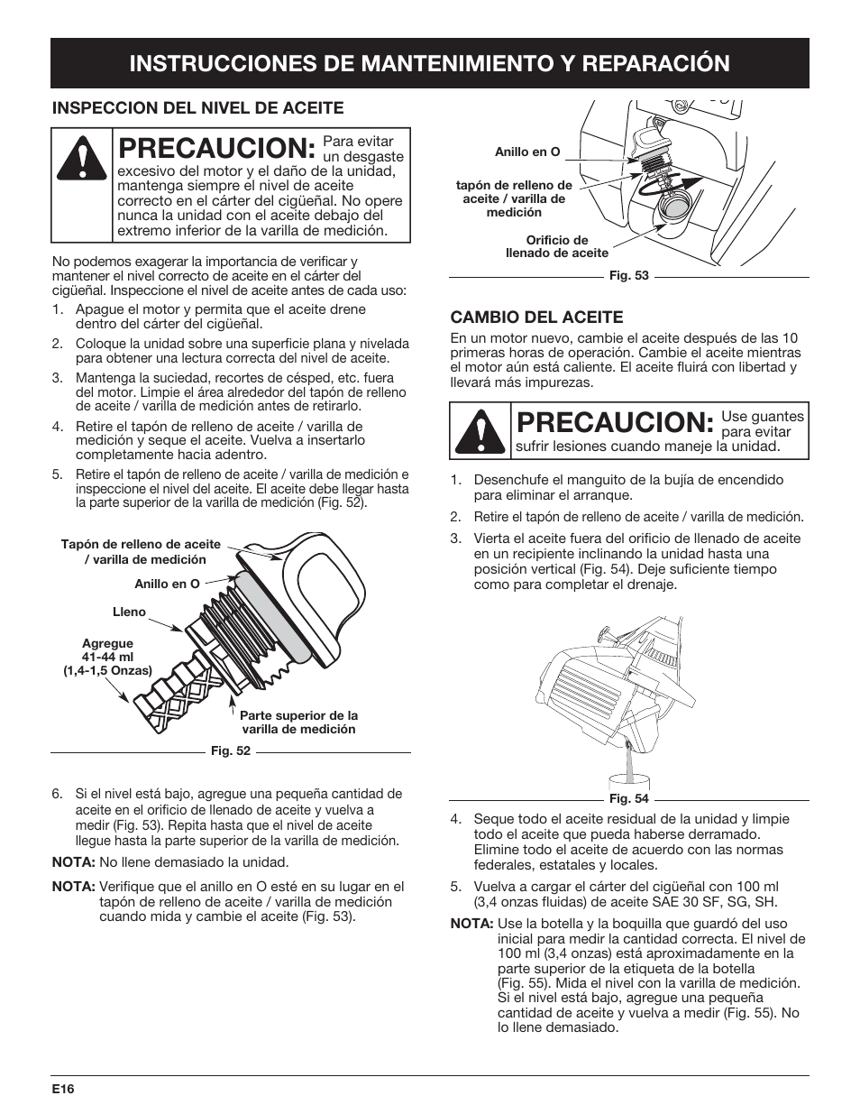 Precaucion, Instrucciones de mantenimiento y reparación | Troy-Bilt TB425CS EU User Manual | Page 66 / 80