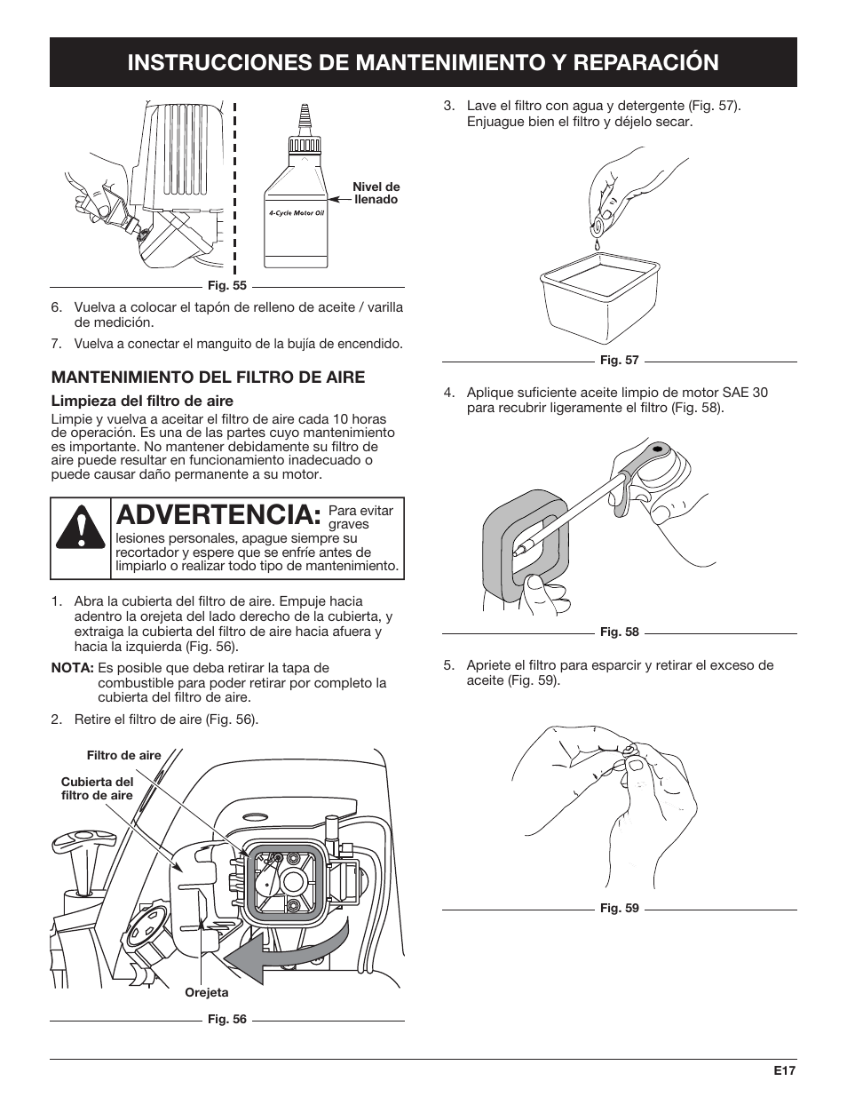 Advertencia, Instrucciones de mantenimiento y reparación | Troy-Bilt TB425CS EU User Manual | Page 67 / 80