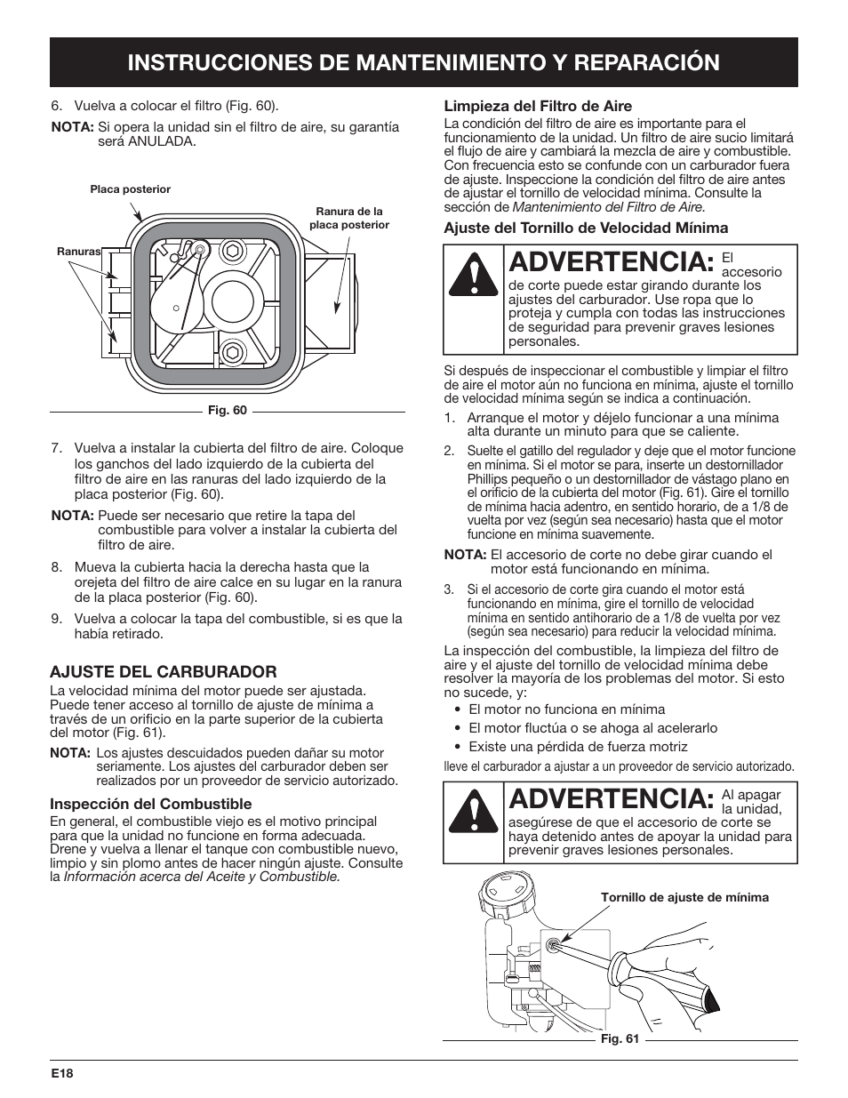 Advertencia, Instrucciones de mantenimiento y reparación | Troy-Bilt TB425CS EU User Manual | Page 68 / 80