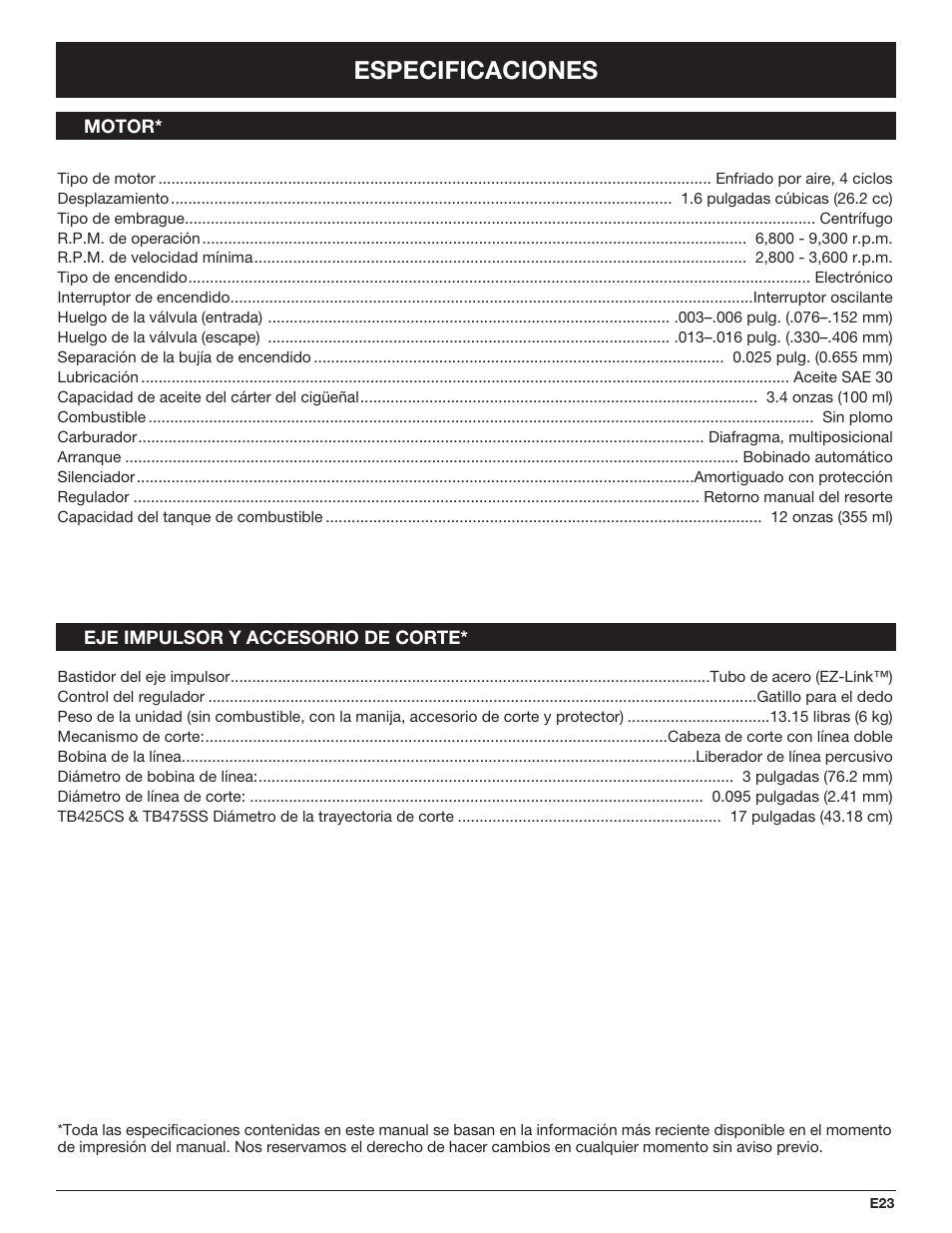 Especificaciones | Troy-Bilt TB425CS EU User Manual | Page 73 / 80