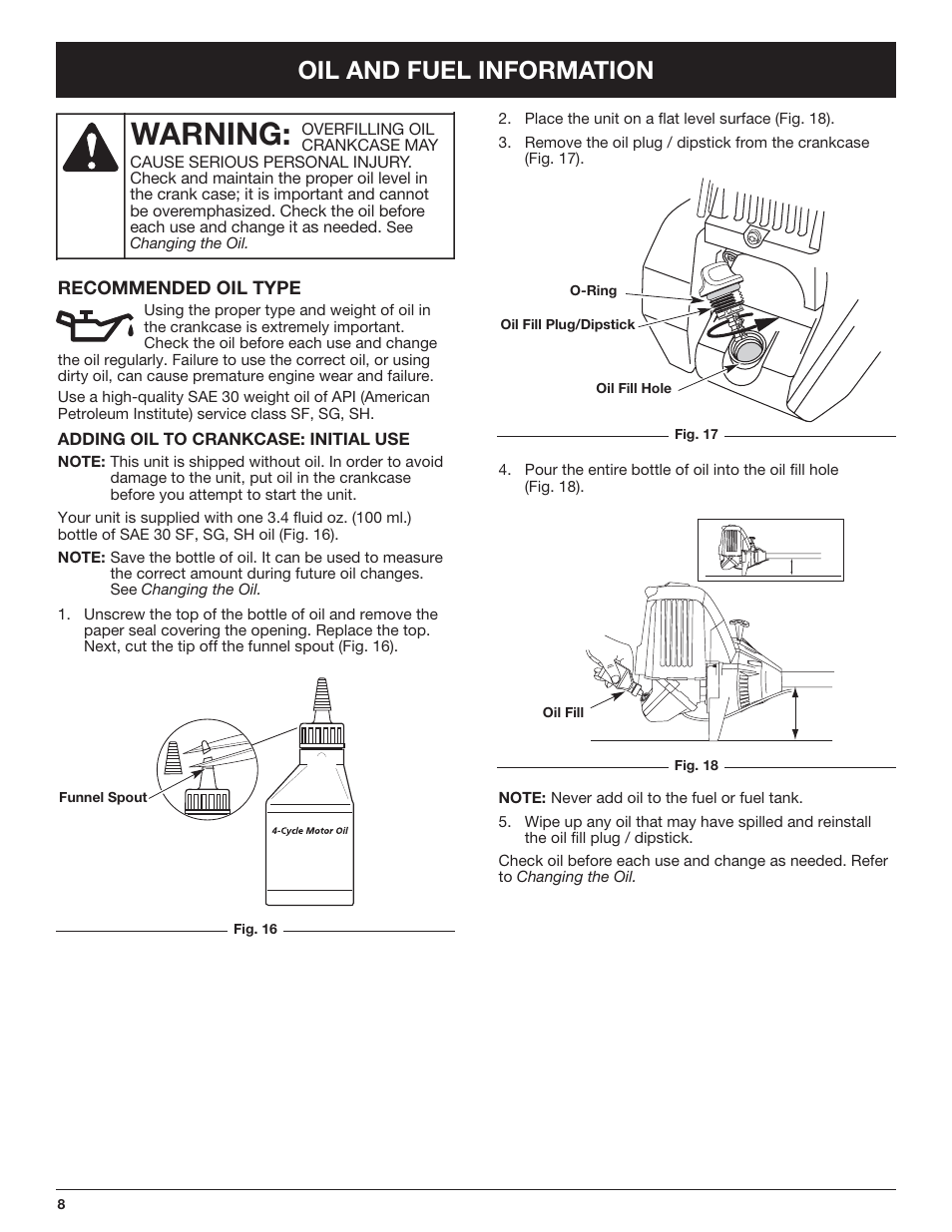 Warning, Oil and fuel information | Troy-Bilt TB425CS EU User Manual | Page 8 / 80