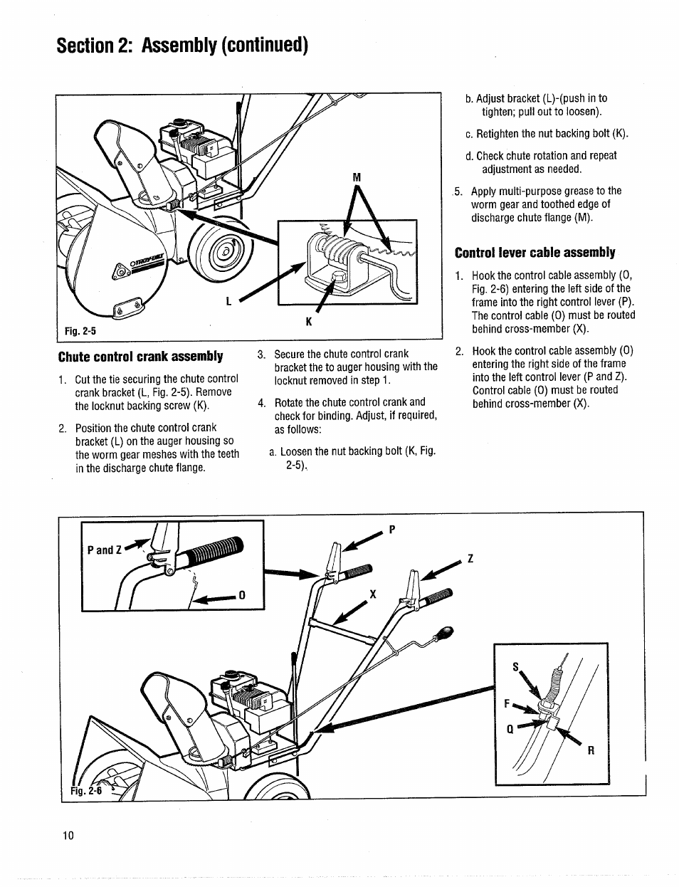 Chute control crank assembly, Control lever cable assembly, Assembly (continued) | Troy-Bilt 42000 User Manual | Page 10 / 32