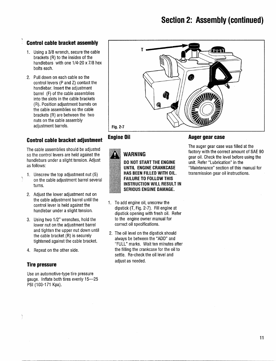 Control cable bracket assembly, Control cable bracket adjustment, Tire pressure | Engine oil, Warning, Auger gear case | Troy-Bilt 42000 User Manual | Page 11 / 32