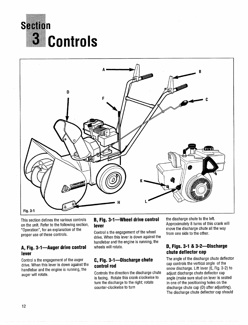 3 controls, A, fig. 3-1—auger drive control lever, B, fig. 3-1—wheel drive control lever | C, fig. 3-1- control rod, D, figs. 3-1 & 3-2—discharge chute deflector cap, Auger drive control lever, Wheel drive control lever | Troy-Bilt 42000 User Manual | Page 12 / 32