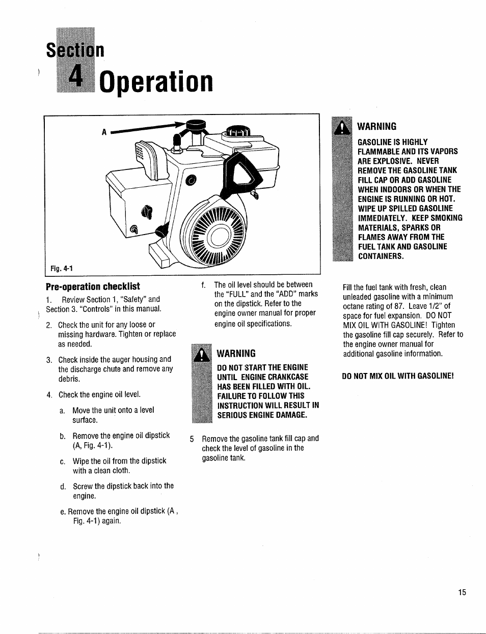 4 operation, Pre-operation checklist, Warning | Troy-Bilt 42000 User Manual | Page 15 / 32